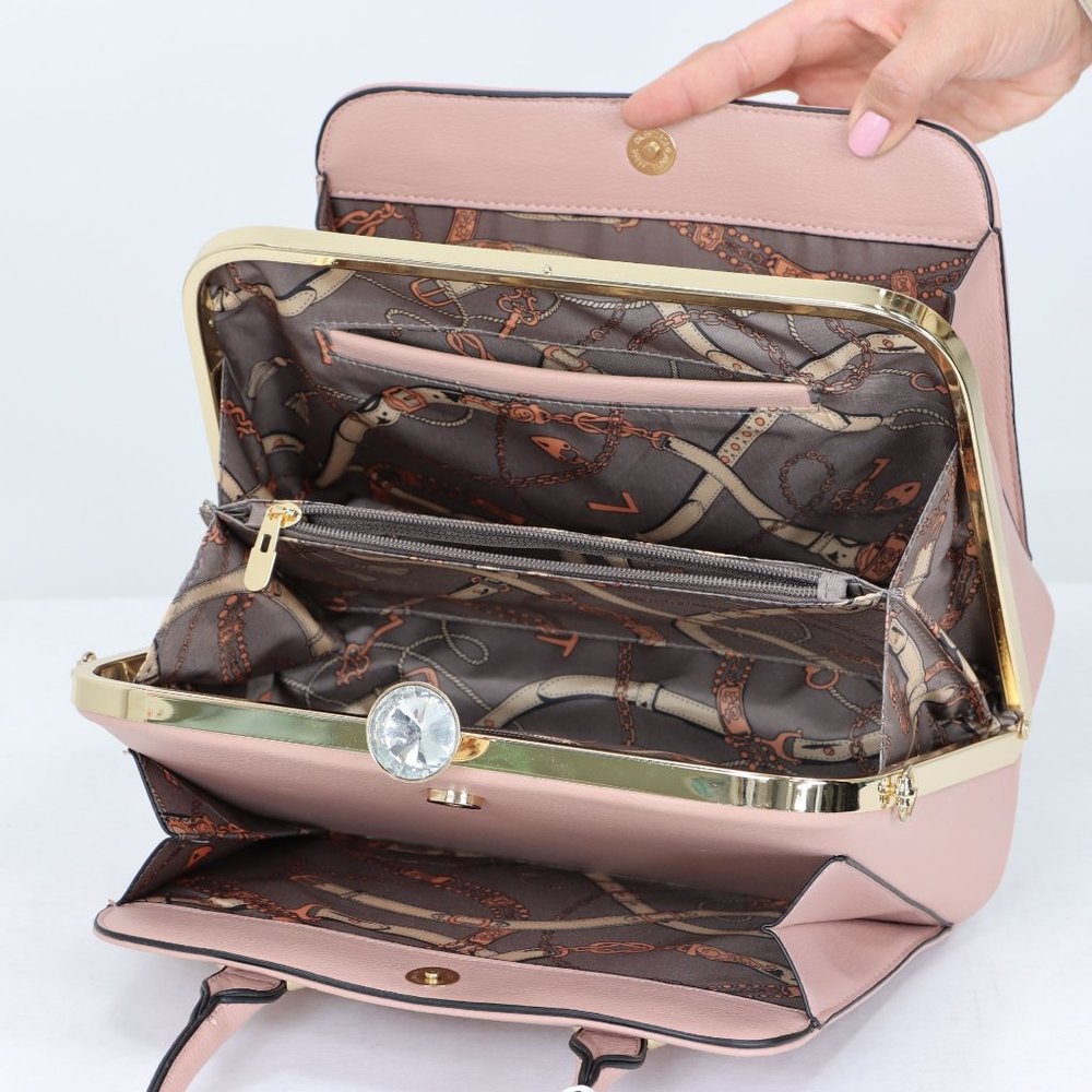 Pink Faux Leather Purse Diamond Snap Closure Doctor Satchel Tote Hand Bag - Picture 7 of 13